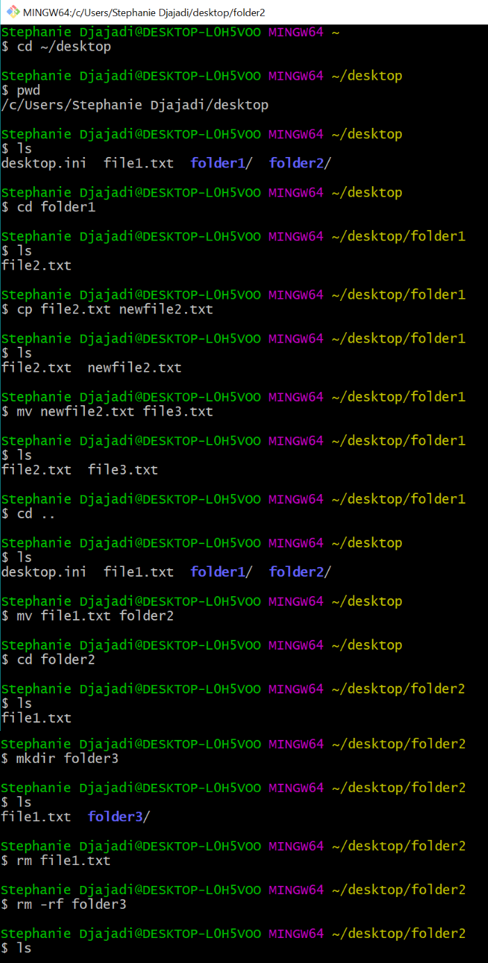 Here is an example of what your terminal might look like after executing the commands in the order listed above.